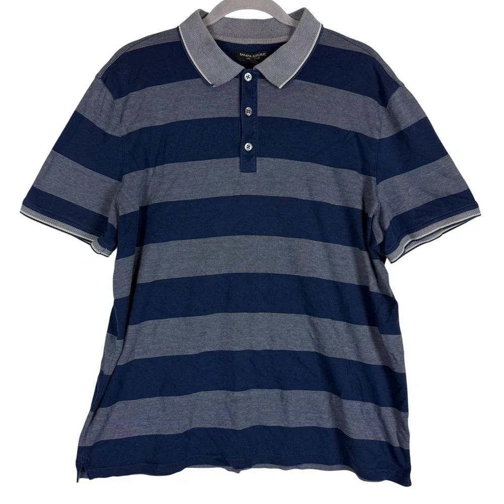 Banana Republic Polo Shirt Mens XL Blue Gray Stripe Luxury Touch Cotton Casual
